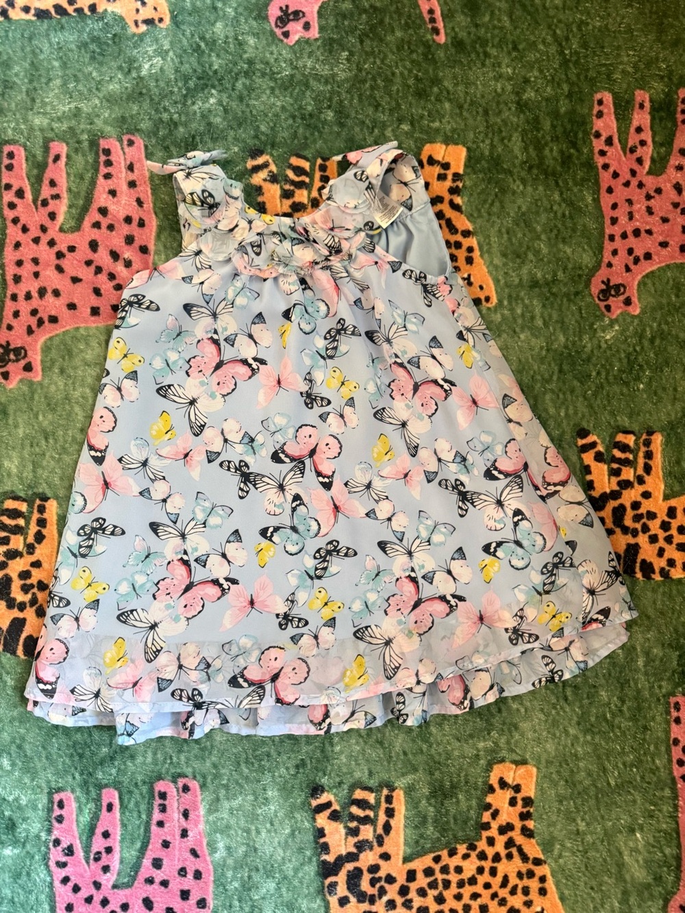 Blueberi Boulevard Light Blue Butterfly Print Dress with Pink and Yellow Accents